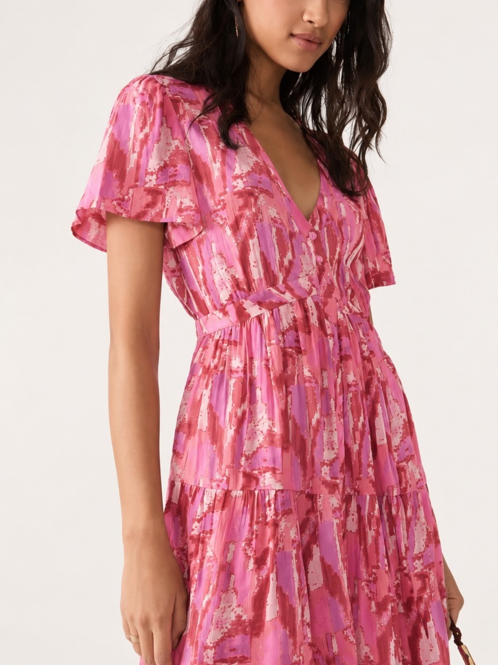ba&sh Talita Mini Dress | XS | Pink Abstract Print Cotton Modal Skater Dress